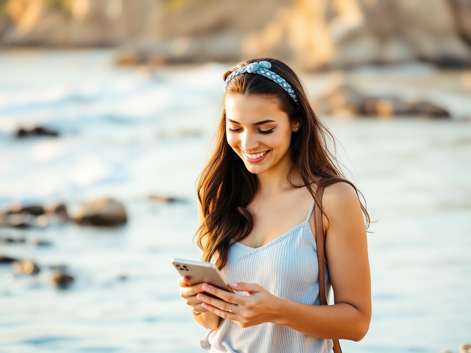 Mujer sonriendo con su móvil en la playa